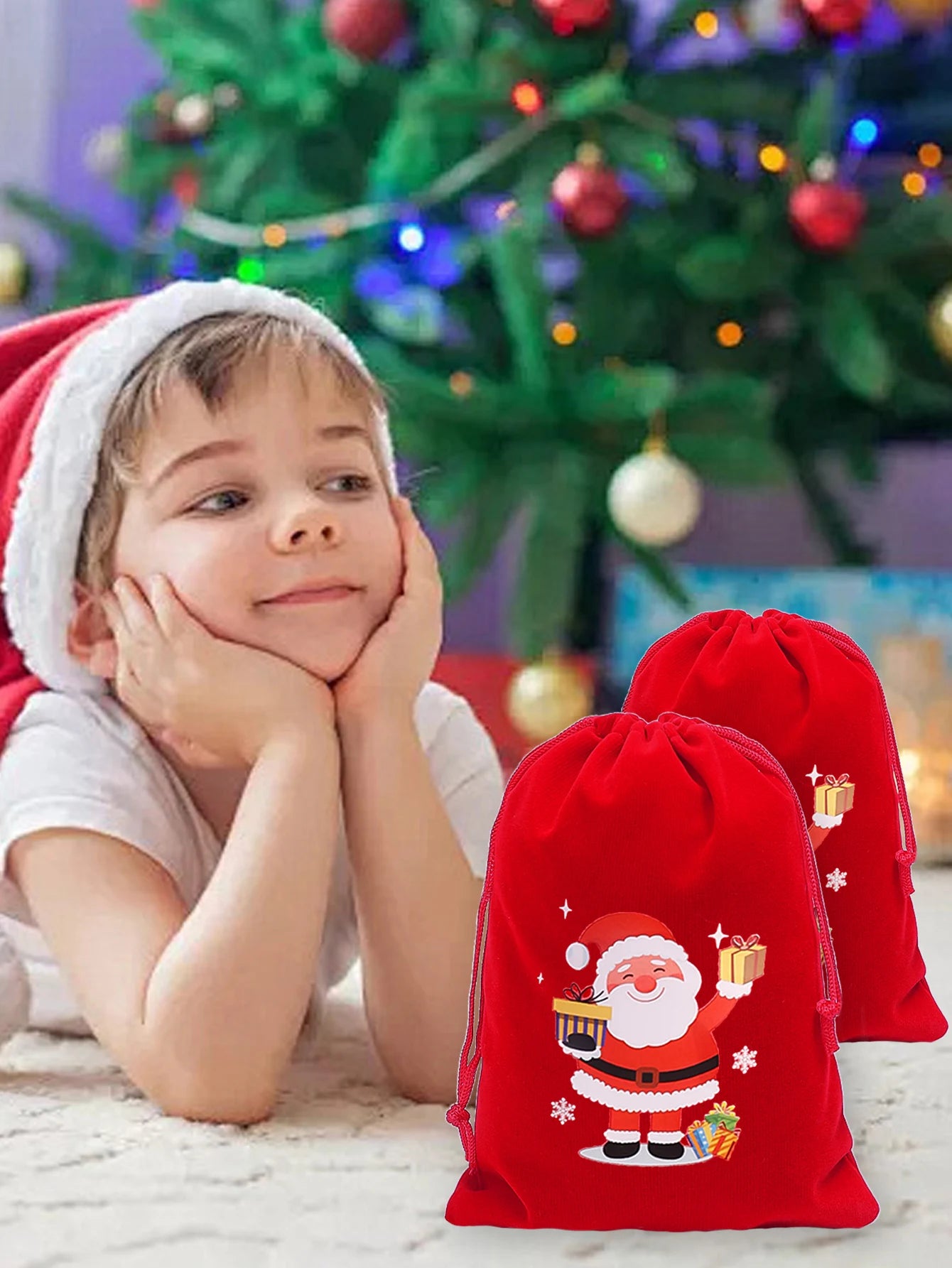 20/1Pcs Red Christmas Velvet Bags Drawstring Santa Gift Pouch Candy Snack Wrapping Bag