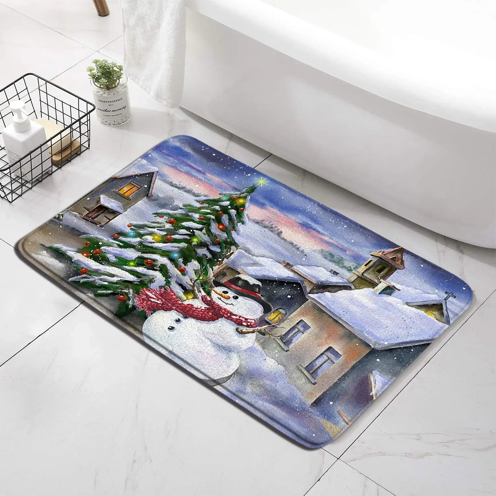 Christmas Shower Curtain Set Snowman Red Birds Gifts Forest Cedar Bath Mat Toilet Cover