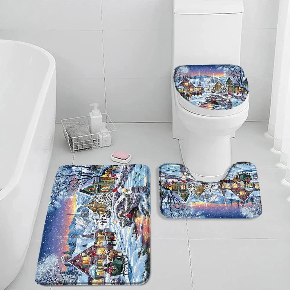 Christmas Shower Curtain Set Snowman Red Birds Gifts Forest Cedar Bath Mat Toilet Cover