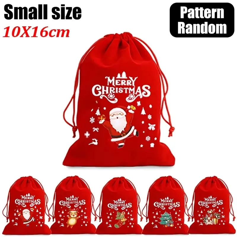 20/1Pcs Red Christmas Velvet Bags Drawstring Santa Gift Pouch Candy Snack Wrapping Bag