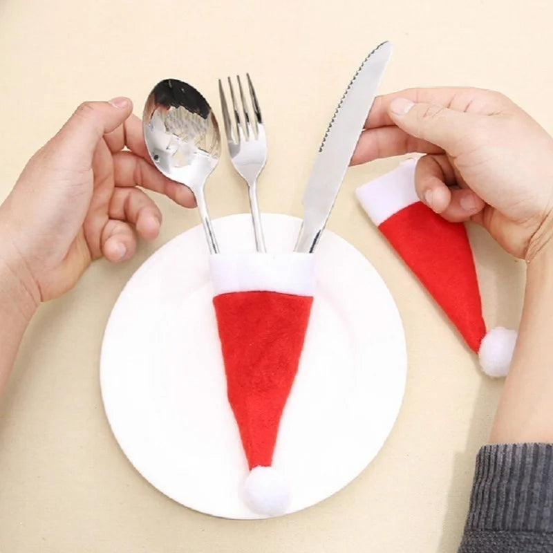 Christmas Tableware Bag Holder Christmas Hat Fork Knife Cutlery Bag Christmas Ornament