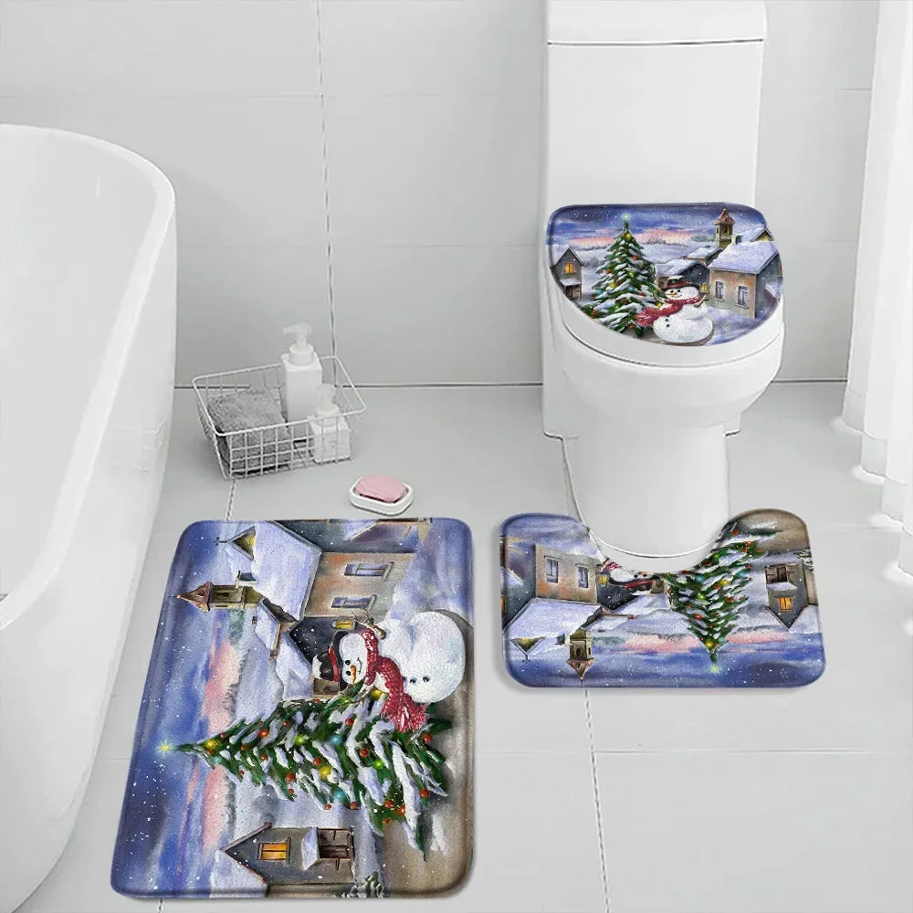 Christmas Shower Curtain Set Snowman Red Birds Gifts Forest Cedar Bath Mat Toilet Cover