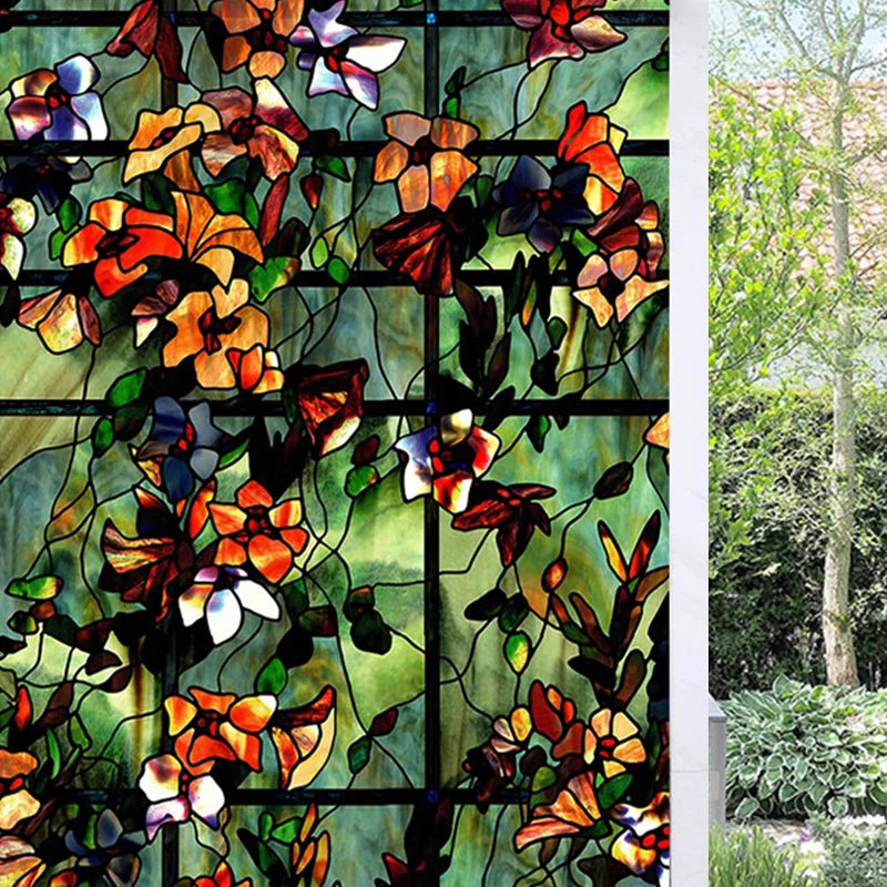 Window Privacy Film Vintage Autumn Floral Print Stained Glass Window Clings Static UV Heat Blocking
