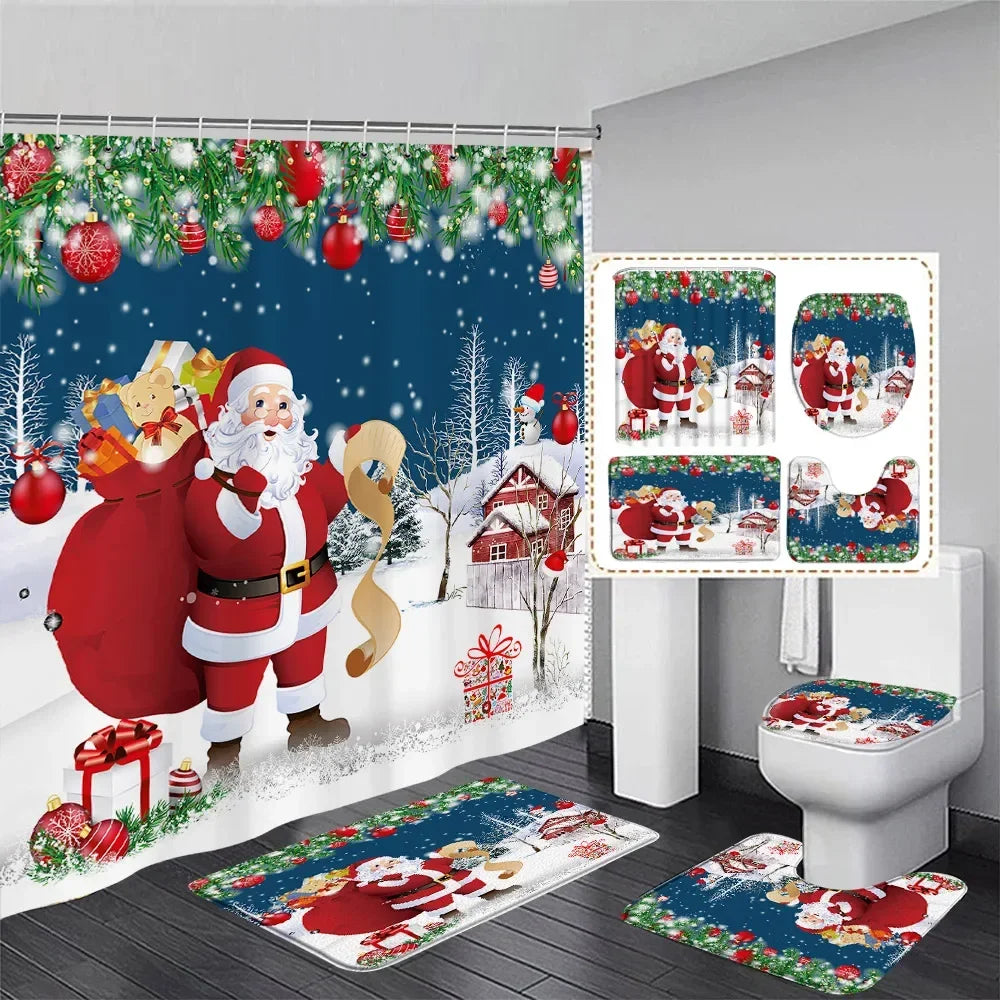 Christmas Shower Curtain Set Snowman Red Birds Gifts Forest Cedar Bath Mat Toilet Cover