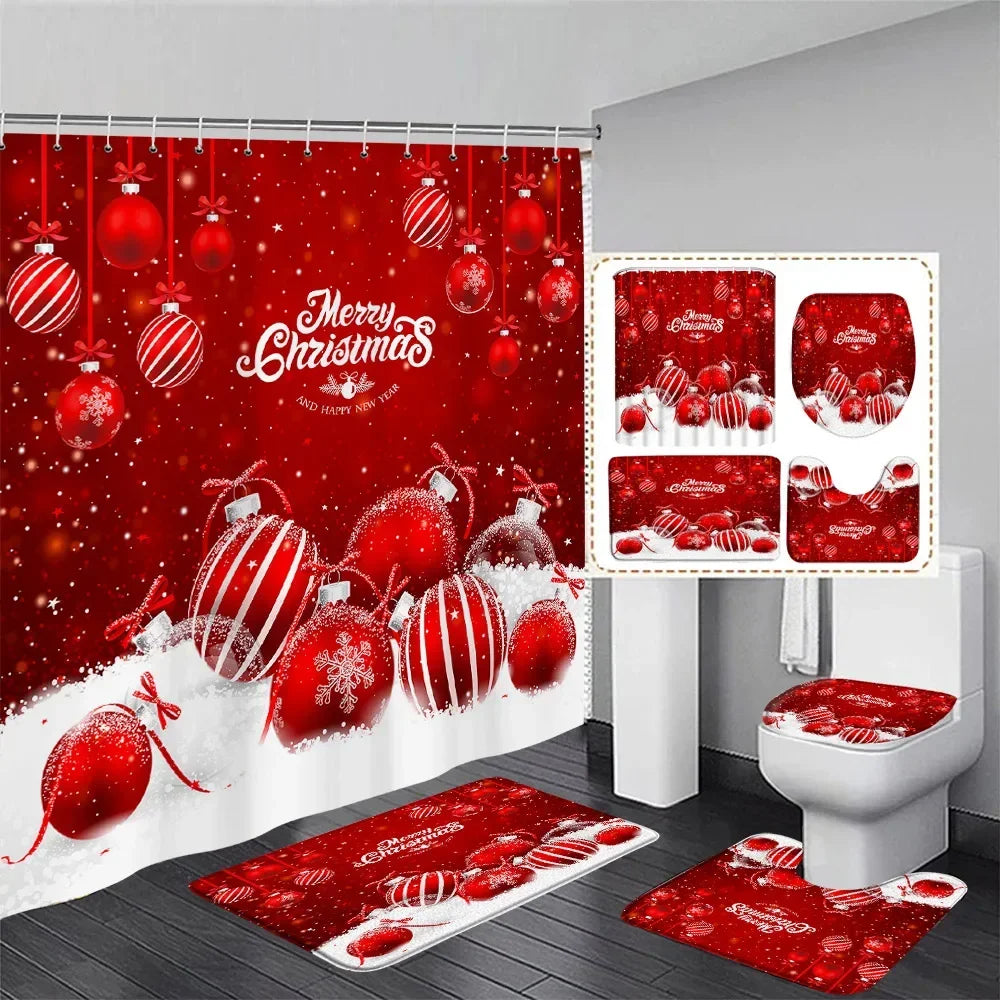 Christmas Shower Curtain Set Snowman Red Birds Gifts Forest Cedar Bath Mat Toilet Cover