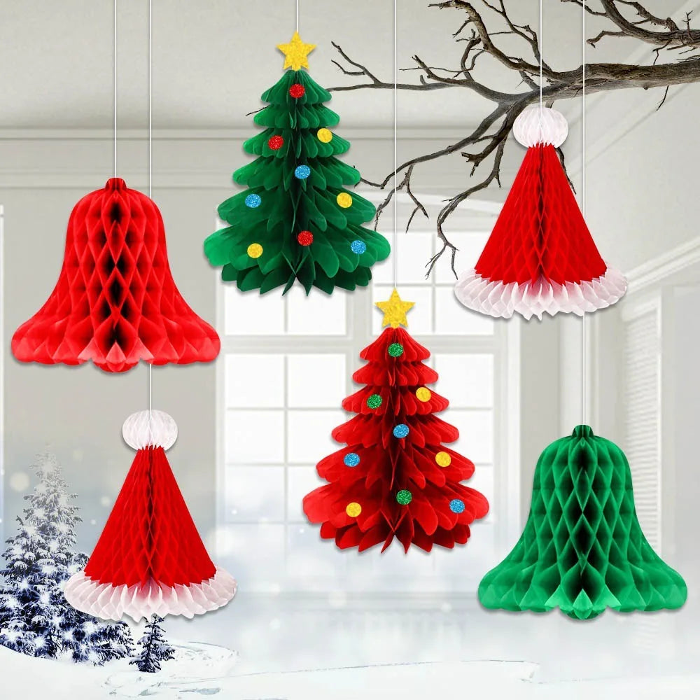 Christmas Honeycomb Ball Hanging Pendant 3D Xmas Tree Bell Hats Drop Ornaments