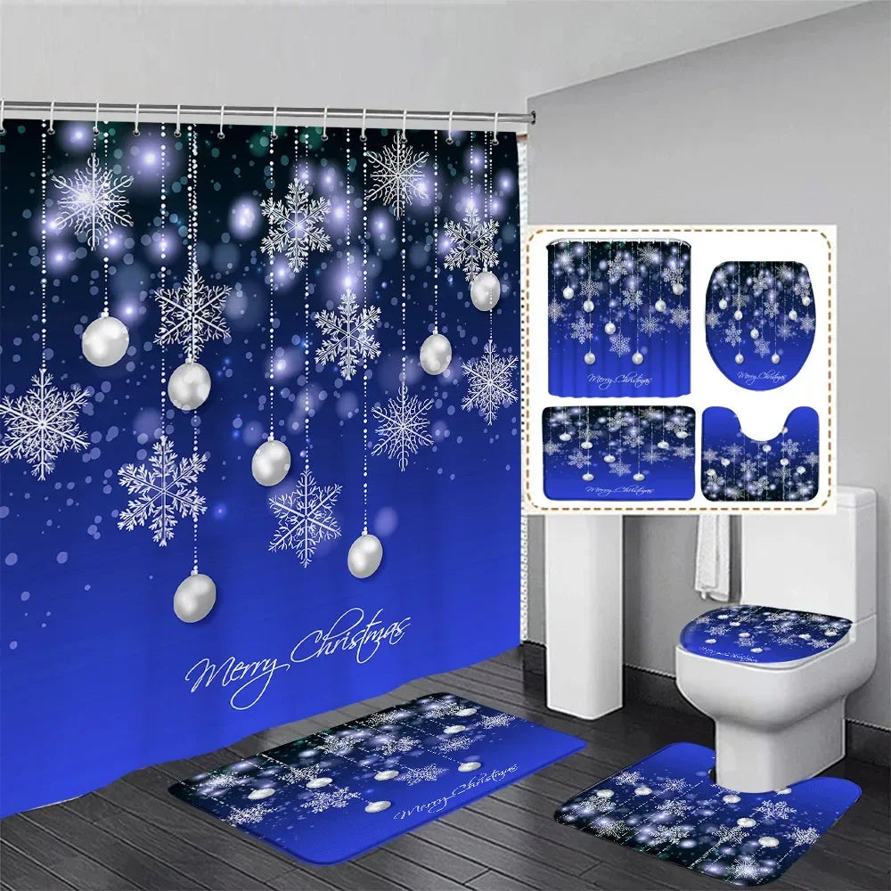 Christmas Shower Curtain Set Snowman Red Birds Gifts Forest Cedar Bath Mat Toilet Cover