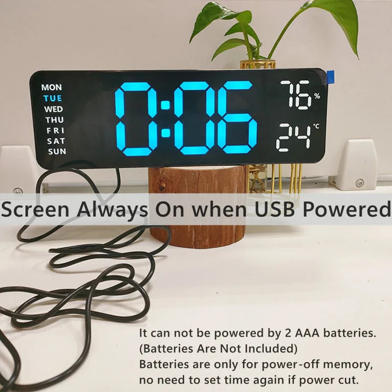 9 Inch Large Digital Wall Clock USB Powered TEMP Humidity Week Auto Dimmer DST Table Clock