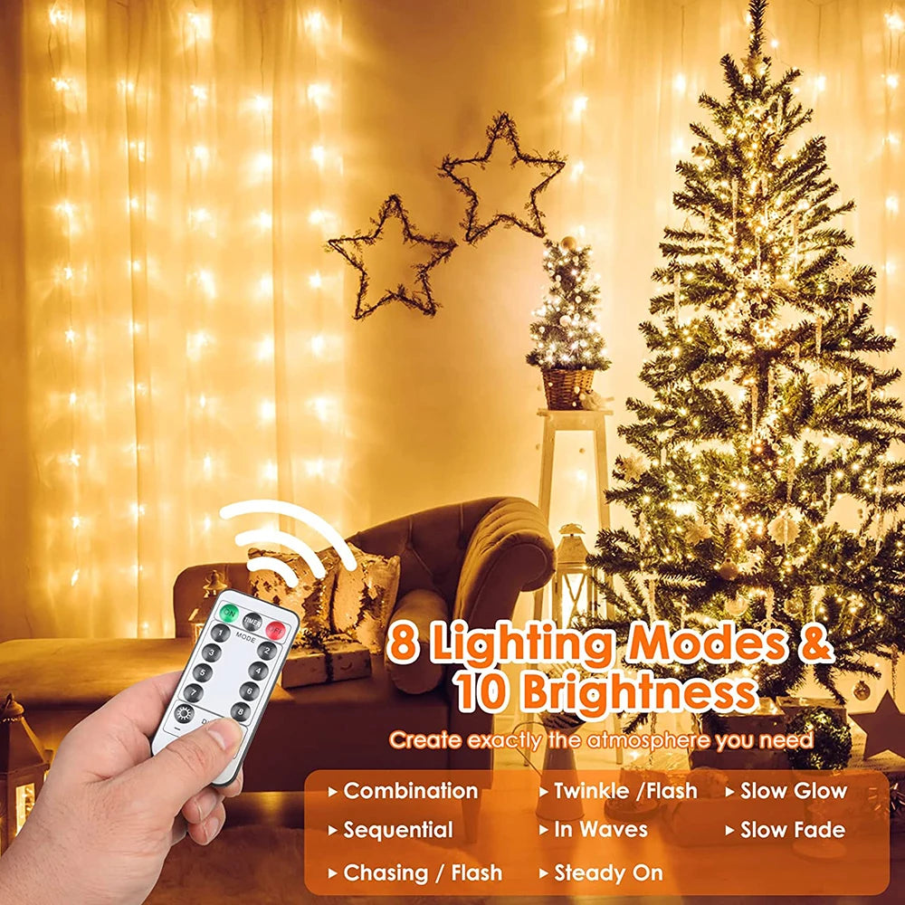 LED Curtain Garland Lights 8 Modes USB Power Remote Control Waterproof Fairy Lighting