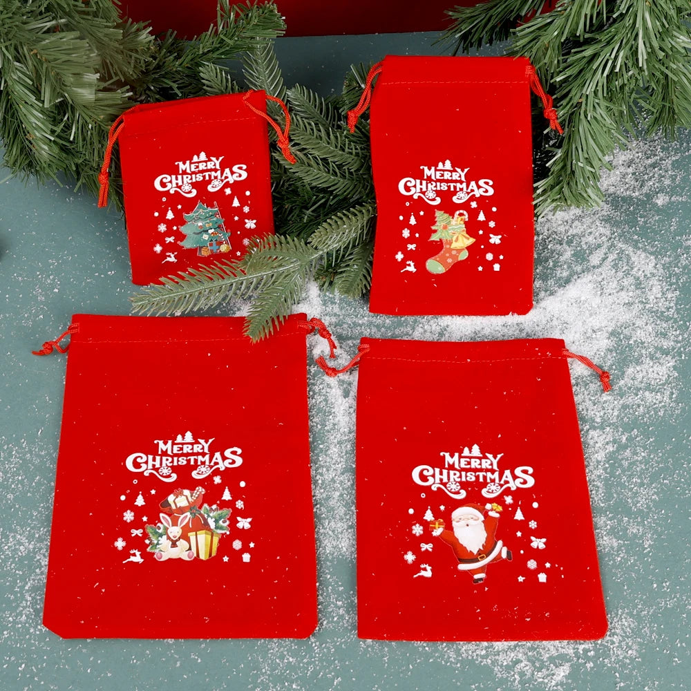 20/1Pcs Red Christmas Velvet Bags Drawstring Santa Gift Pouch Candy Snack Wrapping Bag