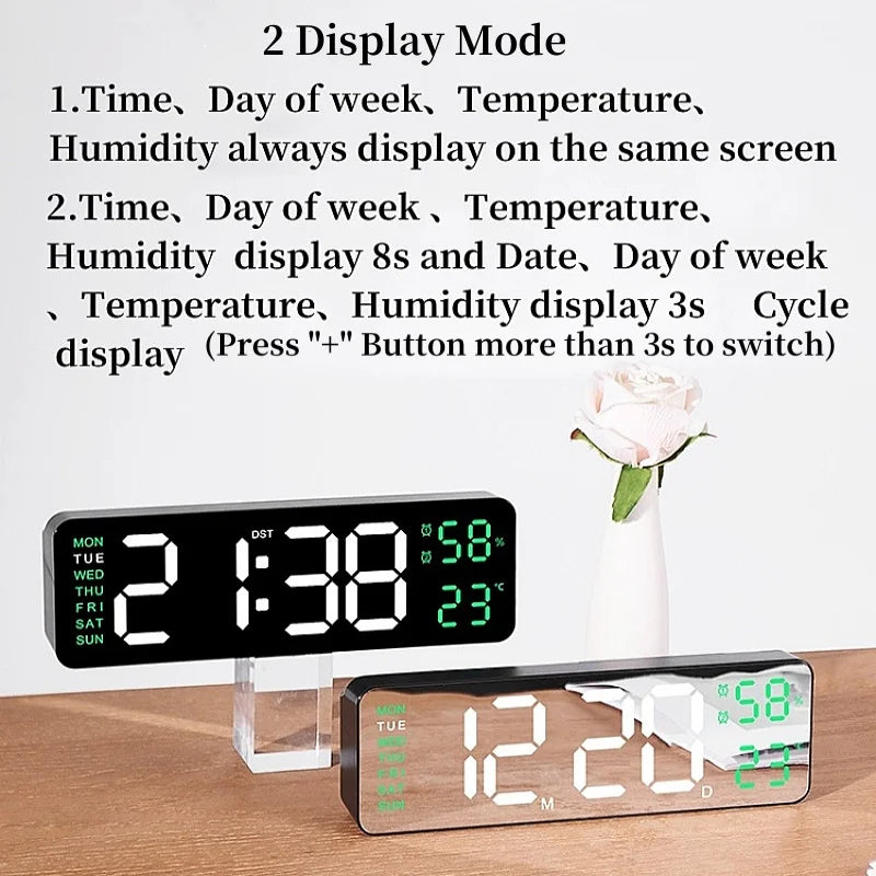 9 Inch Large Digital Wall Clock USB Powered TEMP Humidity Week Auto Dimmer DST Table Clock