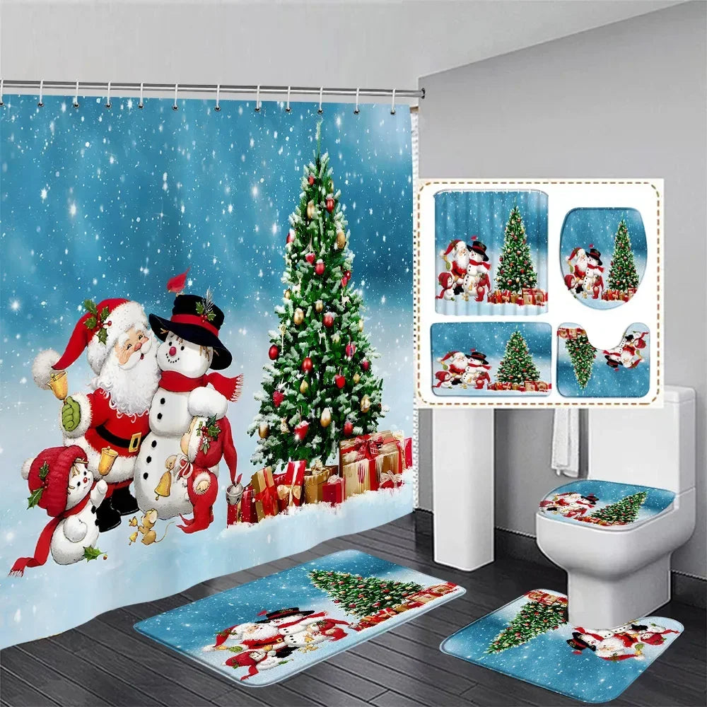 Christmas Shower Curtain Set Snowman Red Birds Gifts Forest Cedar Bath Mat Toilet Cover