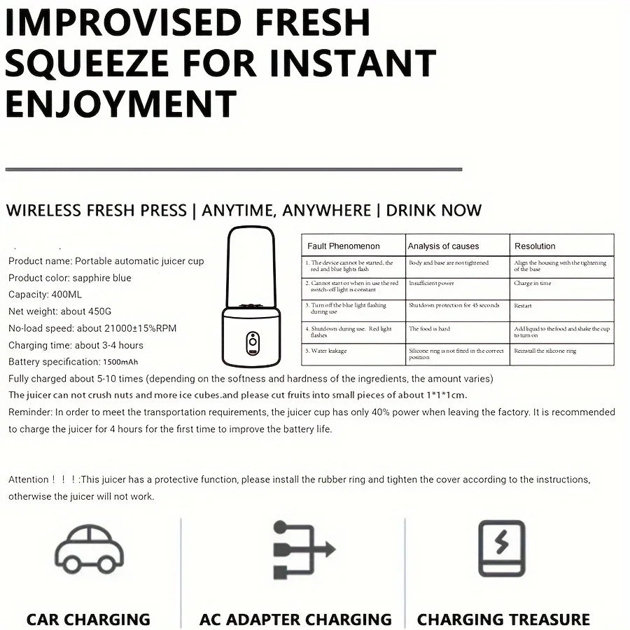 6 Blades Electric Juicer 2 Cups For Travel Portable Juicer Mixer Usb Charge Personal Blender
