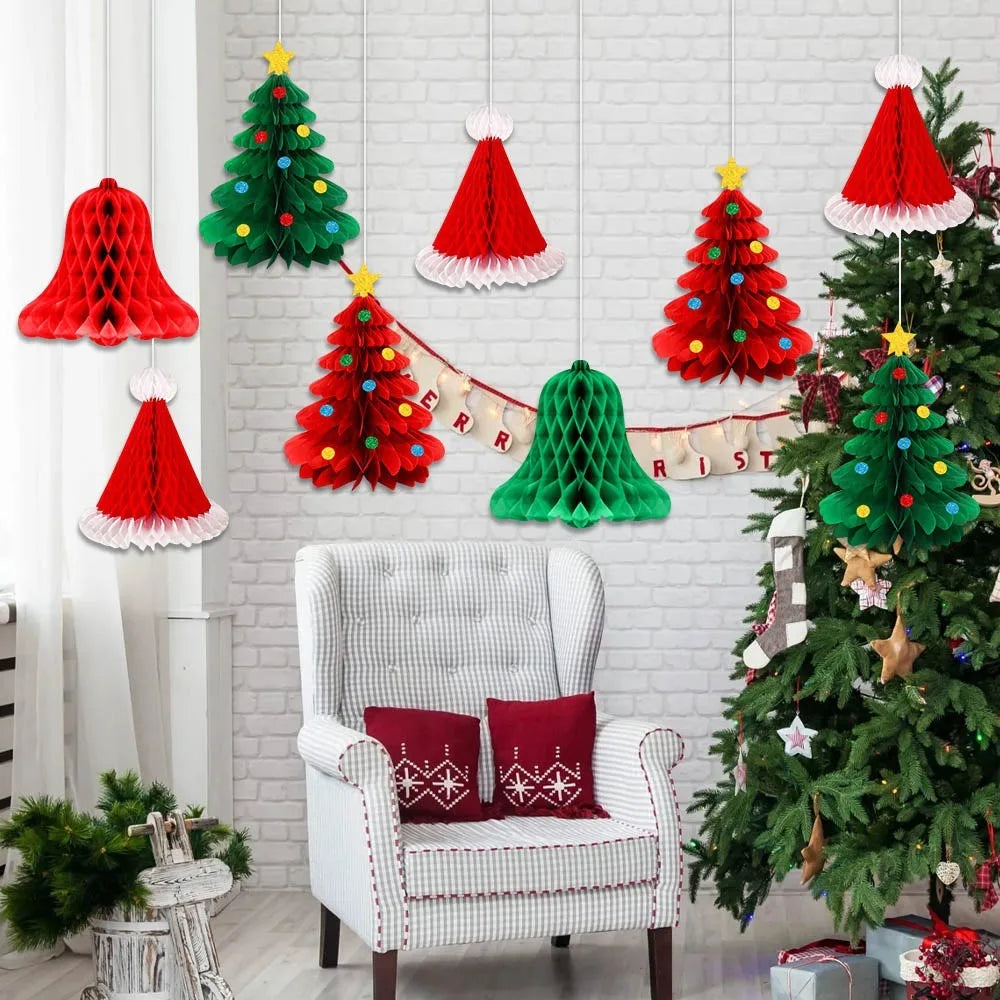 Christmas Honeycomb Ball Hanging Pendant 3D Xmas Tree Bell Hats Drop Ornaments