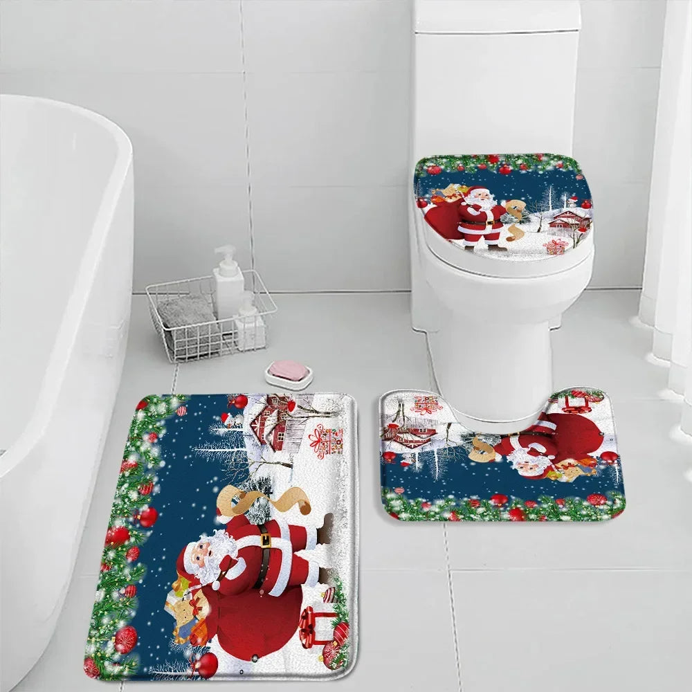 Christmas Shower Curtain Set Snowman Red Birds Gifts Forest Cedar Bath Mat Toilet Cover
