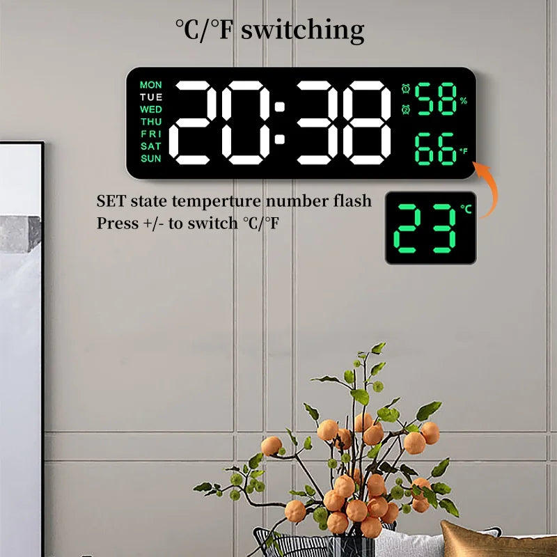 9 Inch Large Digital Wall Clock USB Powered TEMP Humidity Week Auto Dimmer DST Table Clock