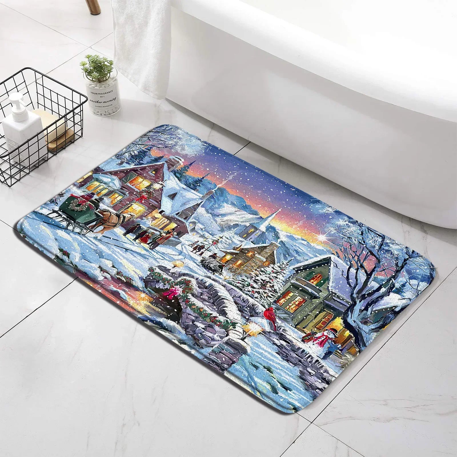 Christmas Shower Curtain Set Snowman Red Birds Gifts Forest Cedar Bath Mat Toilet Cover