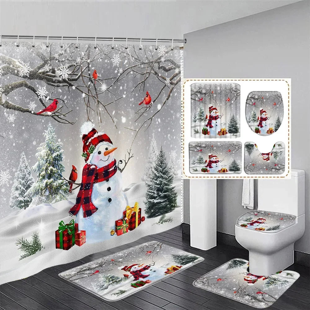 Christmas Shower Curtain Set Snowman Red Birds Gifts Forest Cedar Bath Mat Toilet Cover