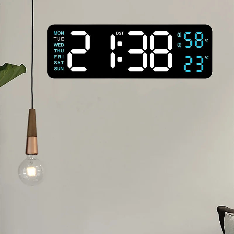 9 Inch Large Digital Wall Clock USB Powered TEMP Humidity Week Auto Dimmer DST Table Clock