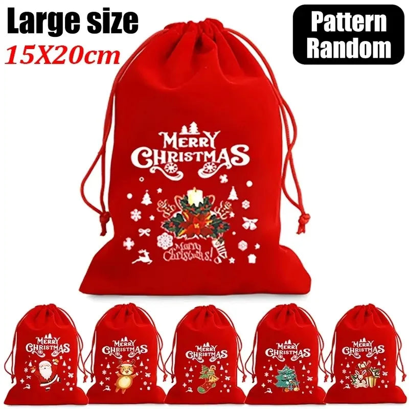 20/1Pcs Red Christmas Velvet Bags Drawstring Santa Gift Pouch Candy Snack Wrapping Bag
