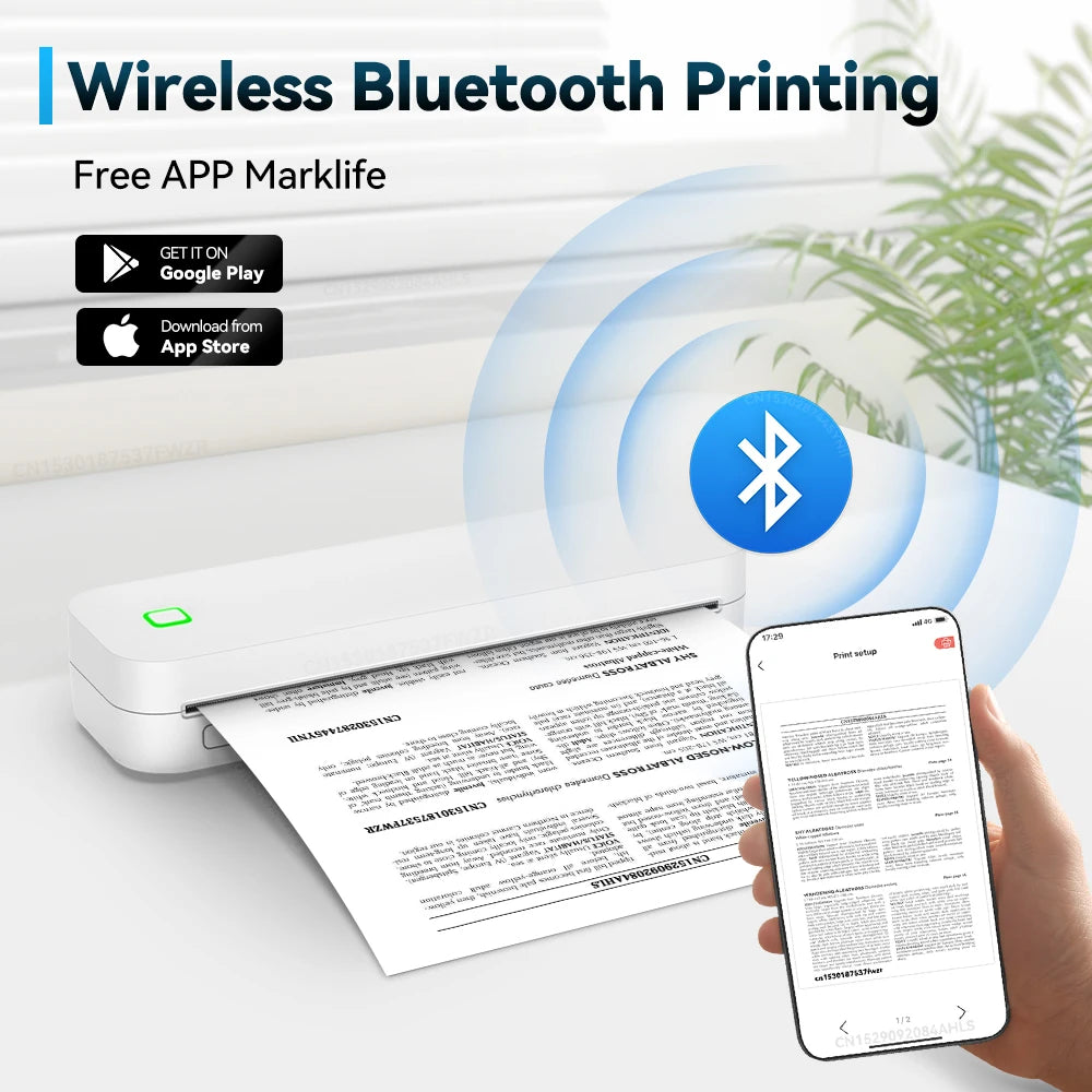 Inkless Printer Portable A4 Thermal Printer Wireless Bluetooth for Android /  App Store