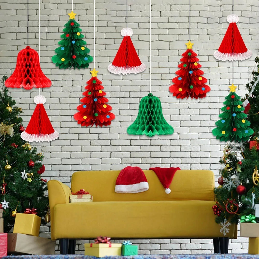 Christmas Honeycomb Ball Hanging Pendant 3D Xmas Tree Bell Hats Drop Ornaments