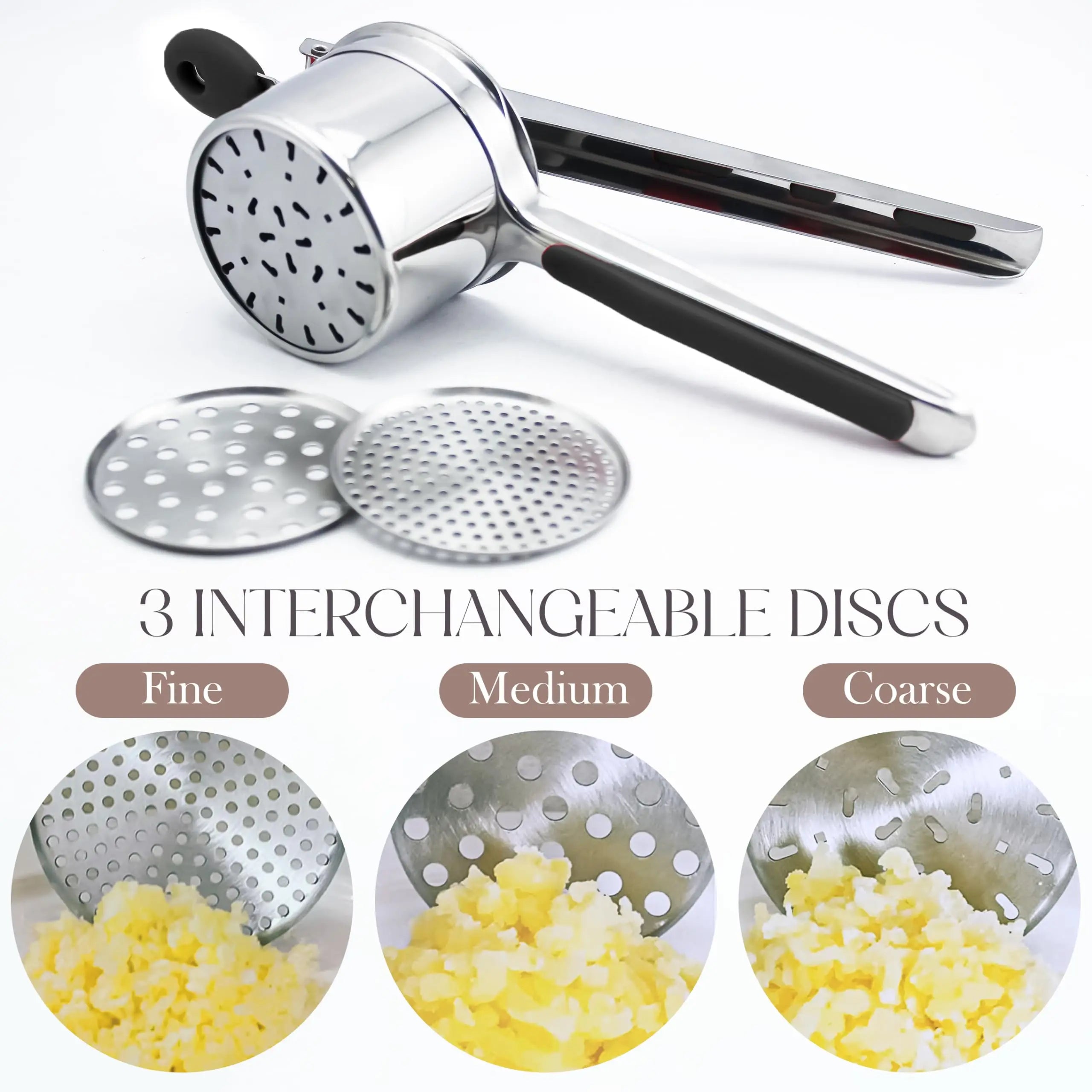 Heavy Duty Potato Masher With 3 Interchangeable Discs