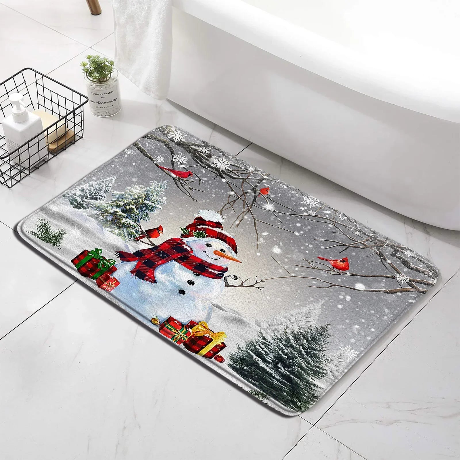 Christmas Shower Curtain Set Snowman Red Birds Gifts Forest Cedar Bath Mat Toilet Cover