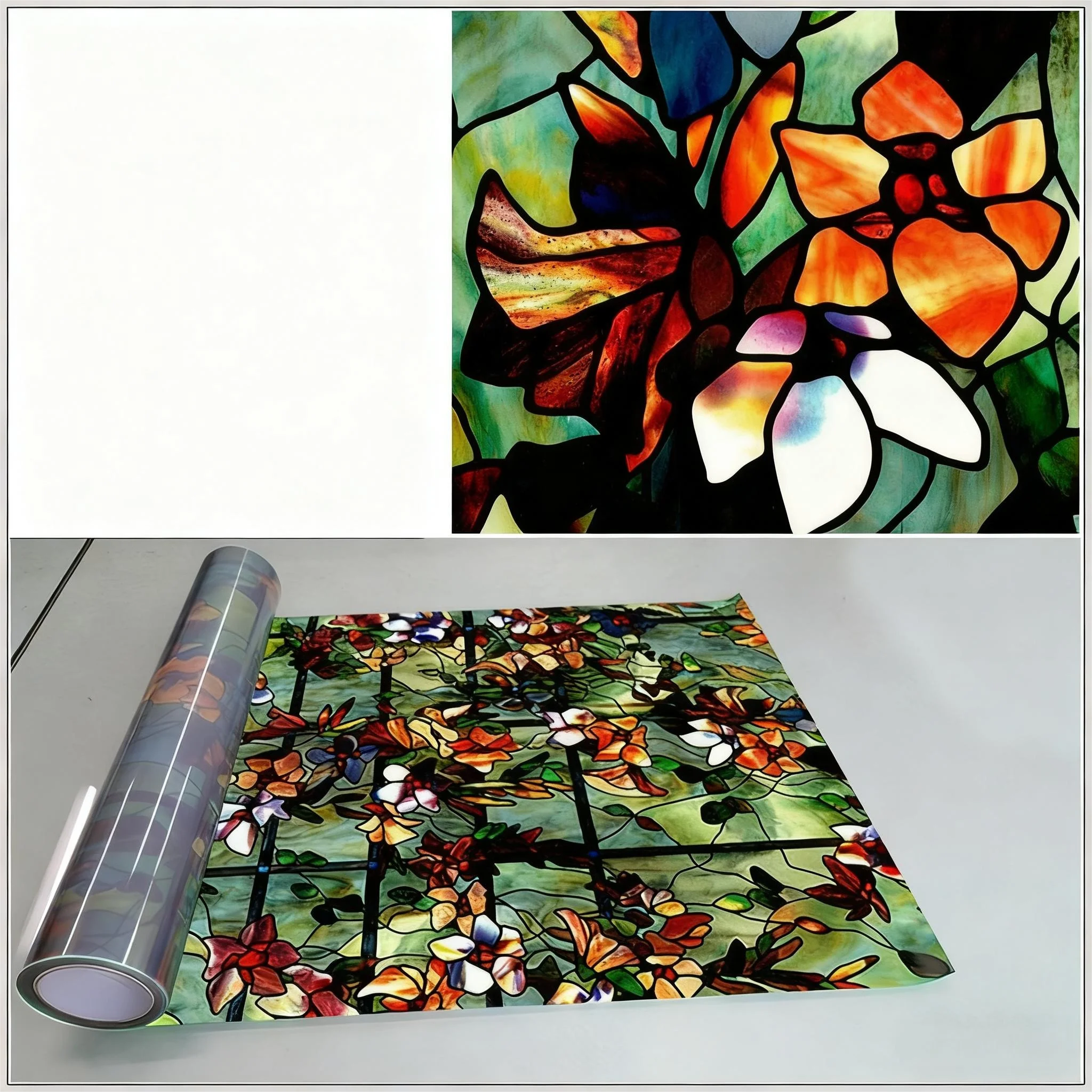 Window Privacy Film Vintage Autumn Floral Print Stained Glass Window Clings Static UV Heat Blocking