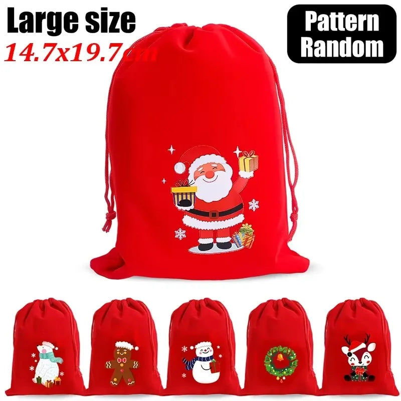 20/1Pcs Red Christmas Velvet Bags Drawstring Santa Gift Pouch Candy Snack Wrapping Bag