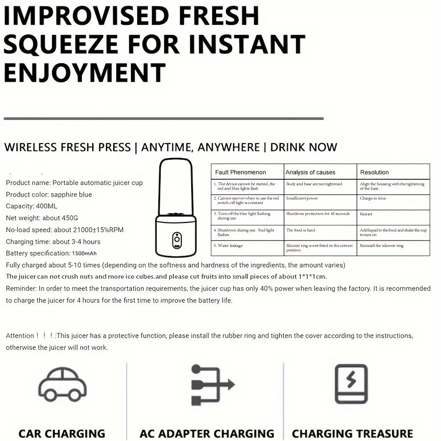 6 Blades Electric Juicer 2 Cups For Travel Portable Juicer Mixer Usb Charge Personal Blender