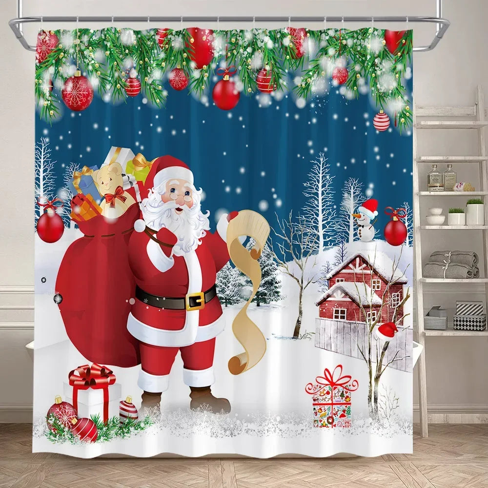 Christmas Shower Curtain Set Snowman Red Birds Gifts Forest Cedar Bath Mat Toilet Cover