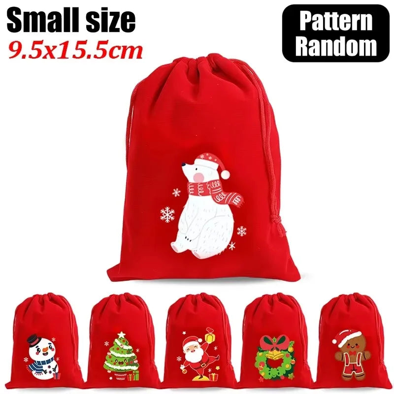 20/1Pcs Red Christmas Velvet Bags Drawstring Santa Gift Pouch Candy Snack Wrapping Bag