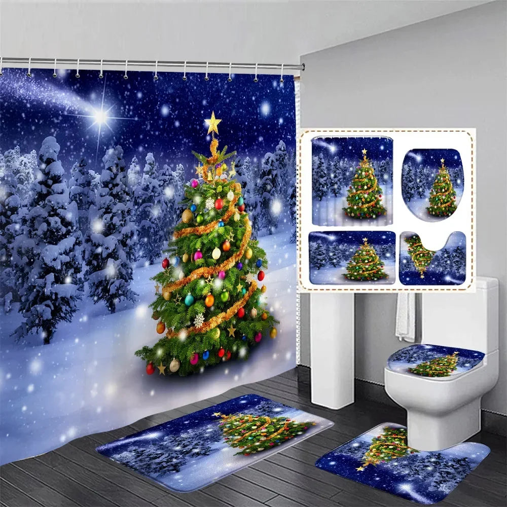 Christmas Shower Curtain Set Snowman Red Birds Gifts Forest Cedar Bath Mat Toilet Cover